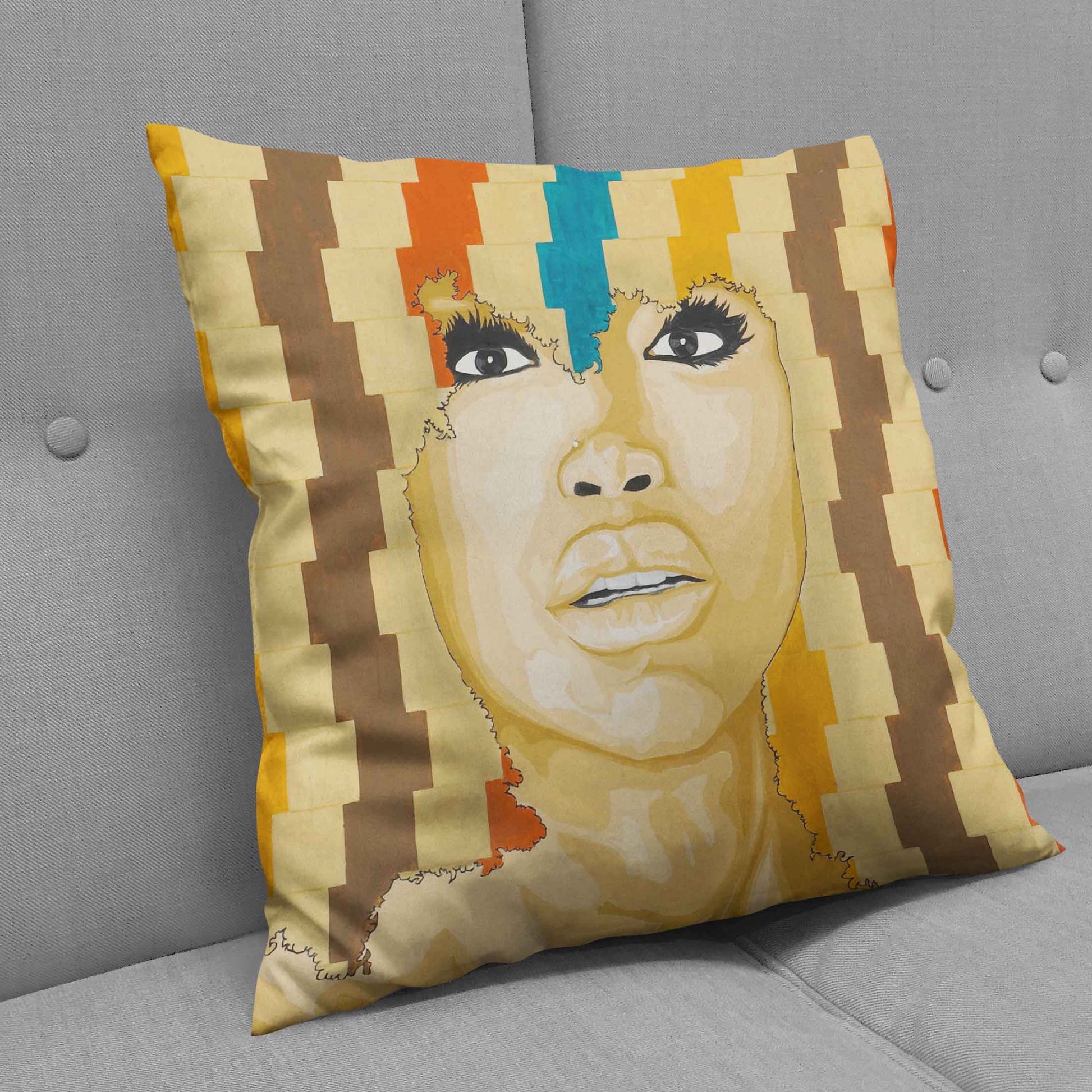 Badu Black woman portrait influenced throw pillows to bless your couch.  Blck Prism brings you Black art inspired lifestyle products. 