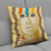 Badu Black woman portrait influenced throw pillows to bless your couch.  Blck Prism brings you Black art inspired lifestyle products. 